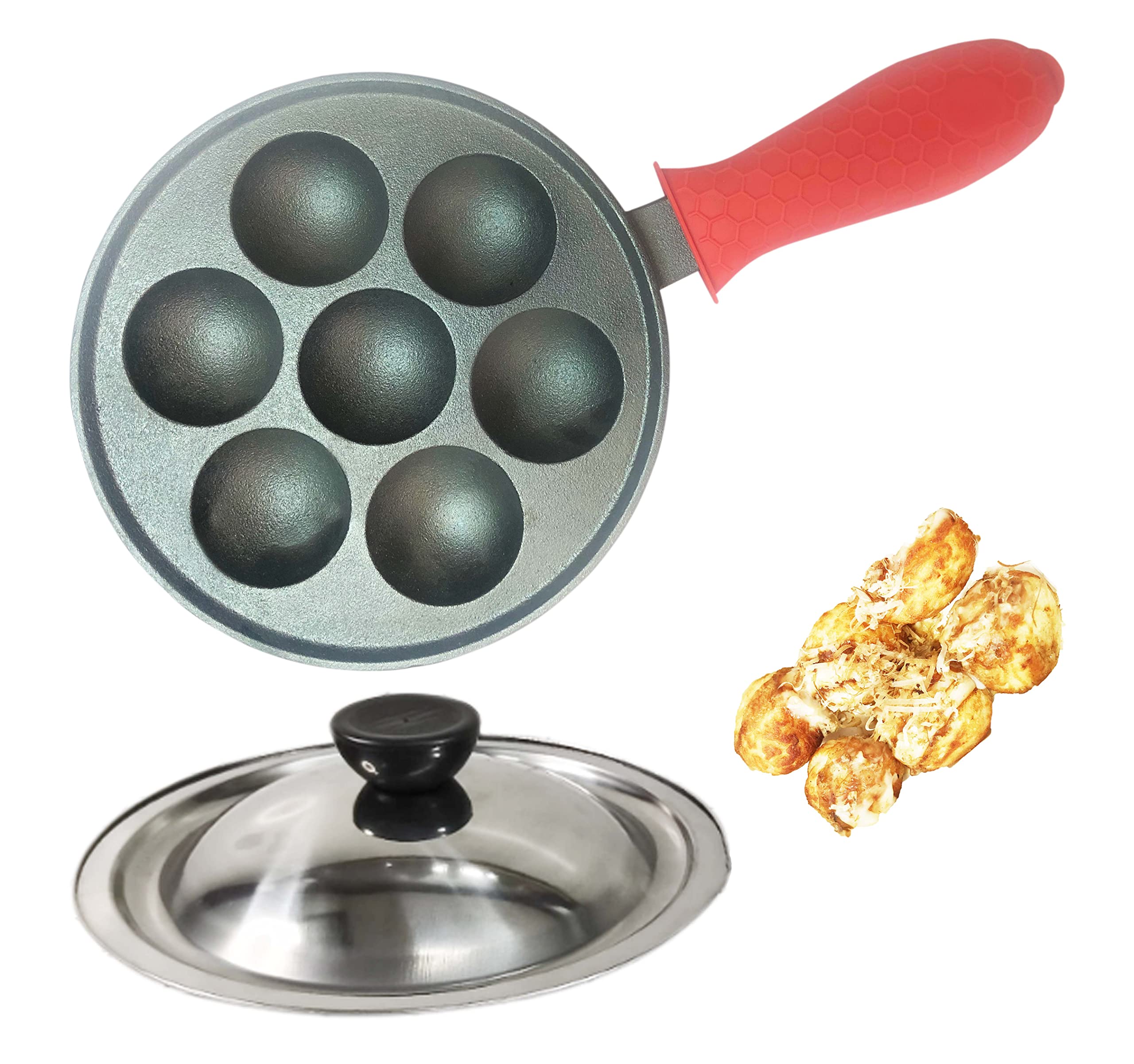 Heaunzy Japan large aperture takoyaki pan cast iron with silicone cover and stainless steel cover,Poffertjes pan,Appam pan,Masa,Banh khot pan,durable non stick,heavy cast iron uncoated 1.7kg(7 Hole)