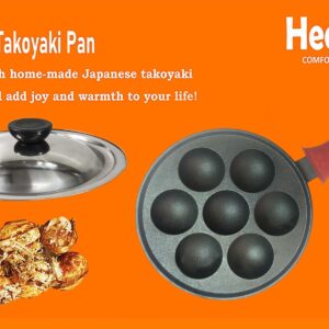 Heaunzy Japan large aperture takoyaki pan cast iron with silicone cover and stainless steel cover,Poffertjes pan,Appam pan,Masa,Banh khot pan,durable non stick,heavy cast iron uncoated 1.7kg(7 Hole)