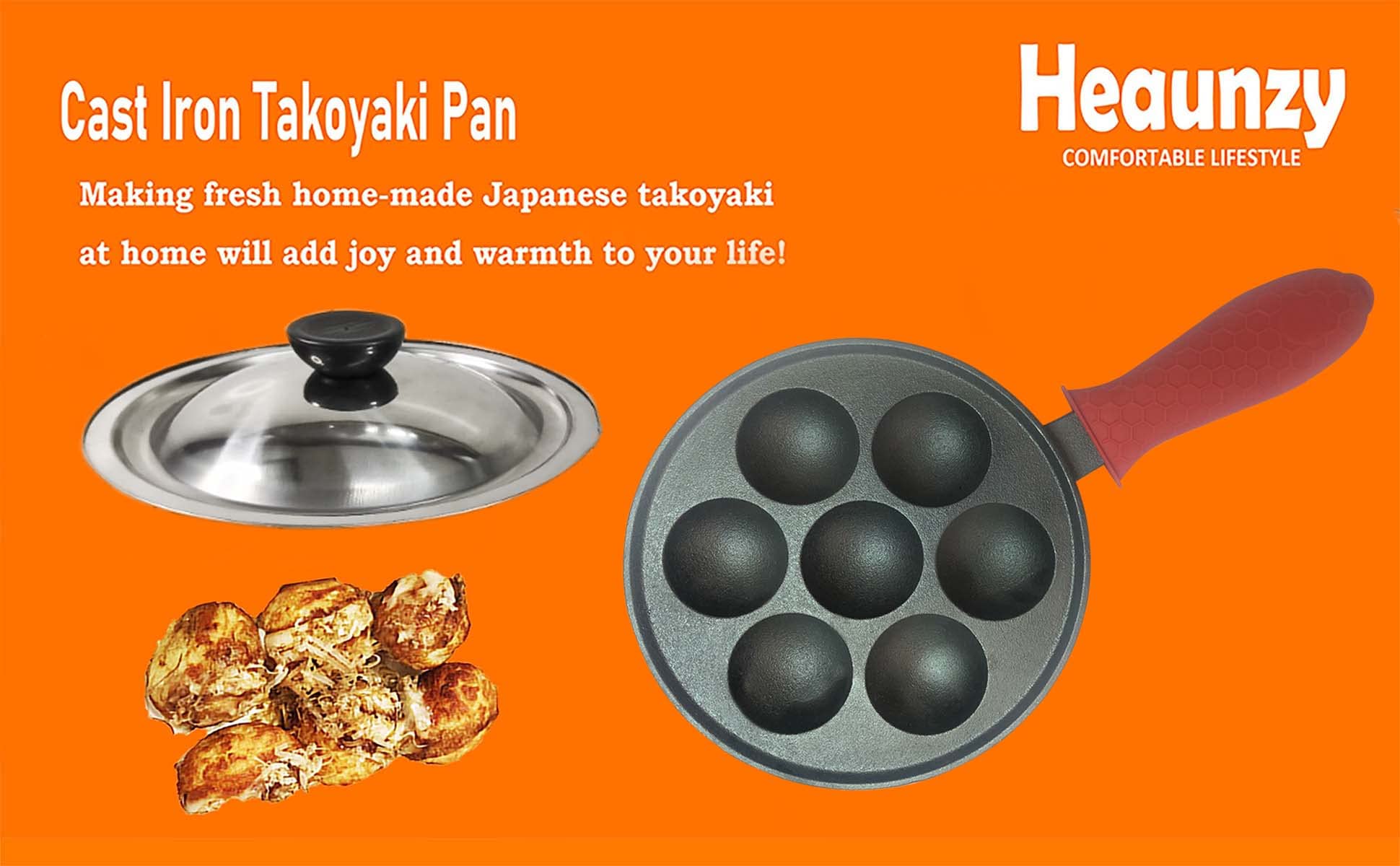 Heaunzy Japan large aperture takoyaki pan cast iron with silicone cover and stainless steel cover,Poffertjes pan,Appam pan,Masa,Banh khot pan,durable non stick,heavy cast iron uncoated 1.7kg(7 Hole)