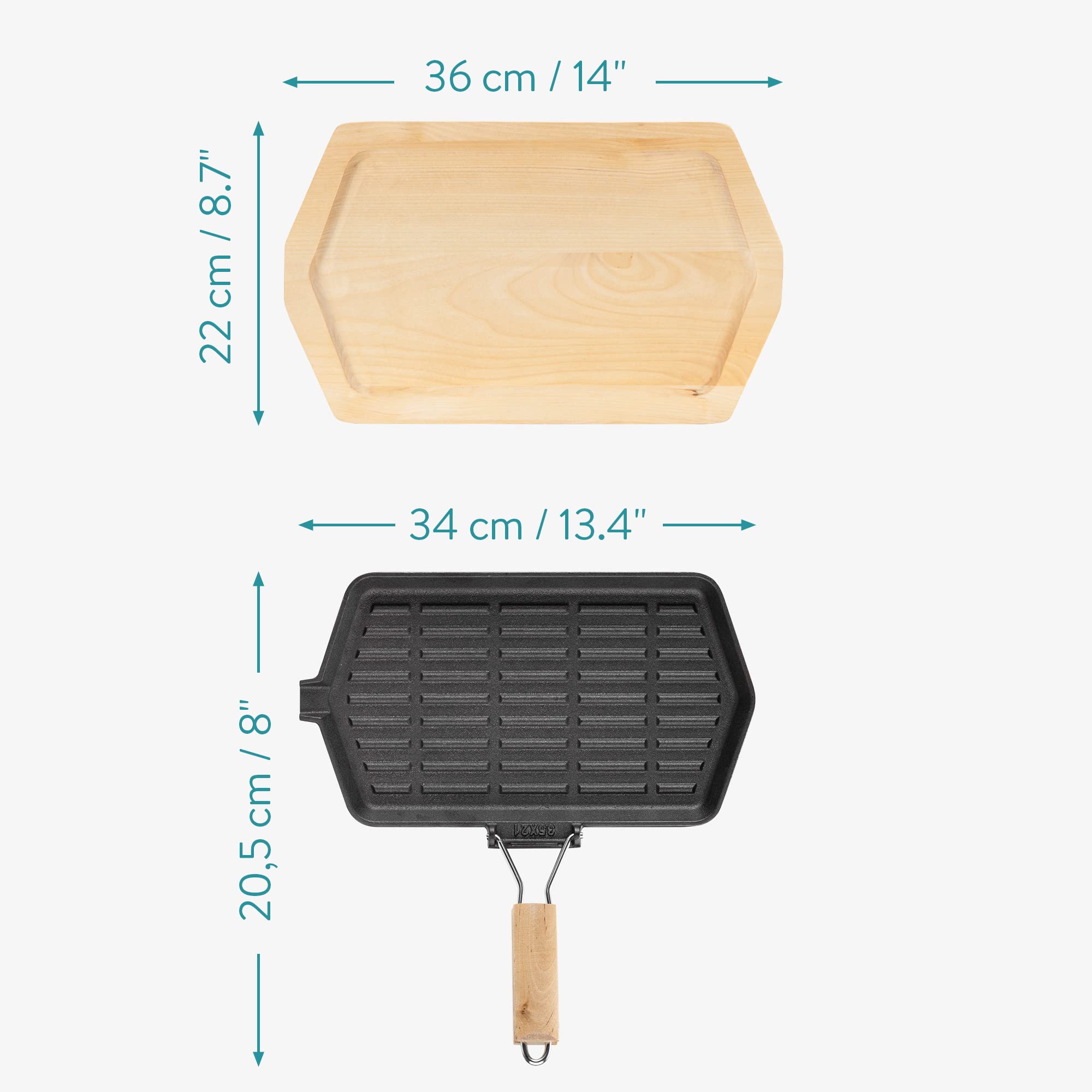 Navaris Sizzling Cast Iron Skillet Set - Fajita Grill Pan with Removable Handle for Fajitas, Steak, Sizzler Dishes 13.4" x 8" - Includes Wood Trivet