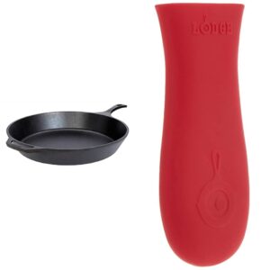 lodge l14sk3 15-inch pre-seasoned cast-iron skillet & silicone hot handle holder - red heat protecting silicone handle cast iron skillets with keyhole handle