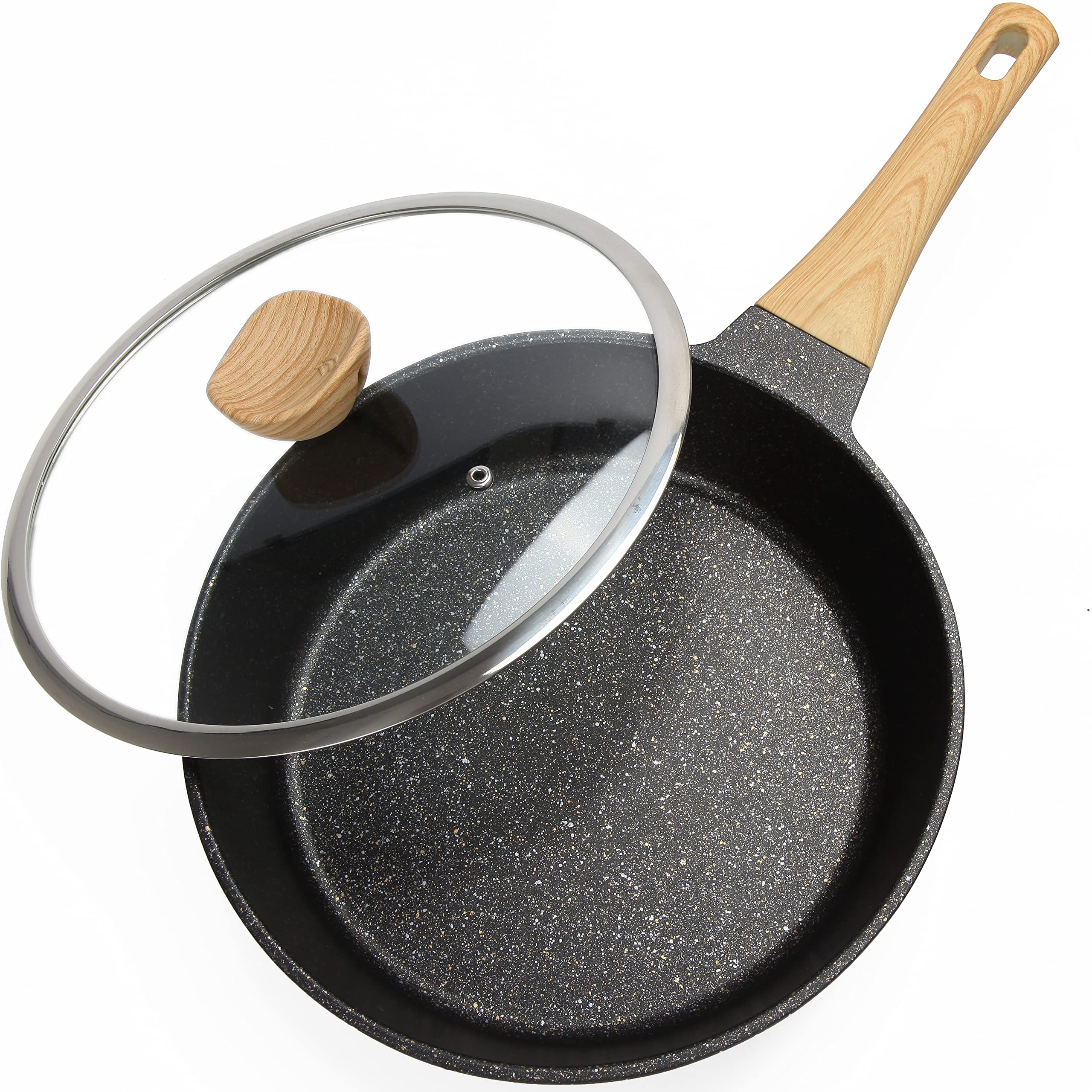 TAMASAKI 11 Inch Nonstick Medical Stone Skillet No Fumes Frying Pan Household Nonstick Cookware Stone-Derived Coating with Glass Lid Black