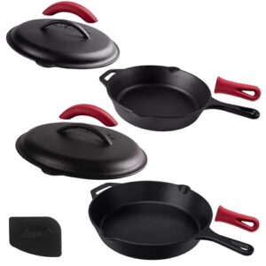 cast iron skillet set with lids - 10"+12"-inch pre-seasoned covered frying pan set + silicone handle and lid holders + scraper/cleaner - use indoor/outdoor, oven, stovetop, fire, bbq kitchen cookware