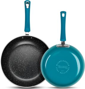 michelangelo non stick frying pans set, 8 inch & 10 inch skillet set, frying pans nonstick with granite interior, enamel nonstick pans for cooking, frying pan set with silicone handle, cyan