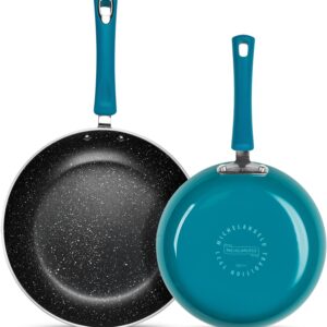 MICHELANGELO Non Stick Frying Pans Set, 8 Inch & 10 Inch Skillet Set, Frying Pans Nonstick with Granite Interior, Enamel Nonstick Pans for Cooking, Frying Pan Set with Silicone Handle, Cyan