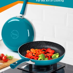 MICHELANGELO Non Stick Frying Pans Set, 8 Inch & 10 Inch Skillet Set, Frying Pans Nonstick with Granite Interior, Enamel Nonstick Pans for Cooking, Frying Pan Set with Silicone Handle, Cyan