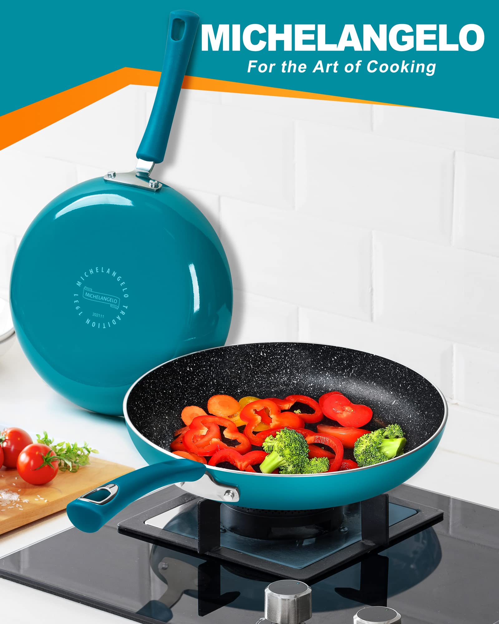 MICHELANGELO Non Stick Frying Pans Set, 8 Inch & 10 Inch Skillet Set, Frying Pans Nonstick with Granite Interior, Enamel Nonstick Pans for Cooking, Frying Pan Set with Silicone Handle, Cyan