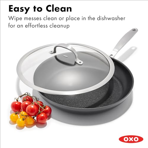 OXO Enhanced, 12" Frying Pan Skillet with Lid, Healthy Ceramic Nonstick, PFAS-Free, Stainless Steel Handle, Dishwasher Safe, Oven Safe, Black