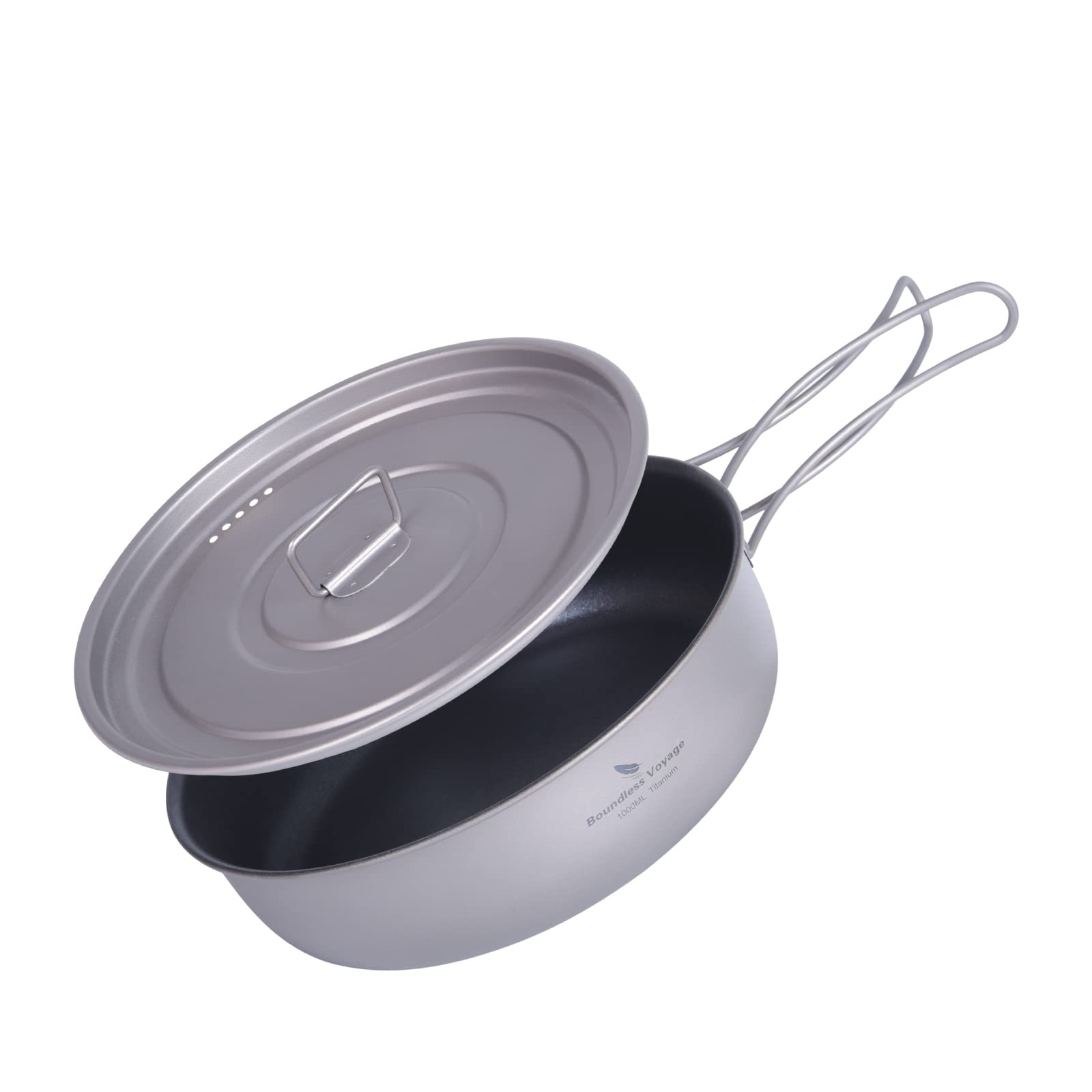 Boundless Voyage Titanium Non-Stick Frying Pan with Folding Handle Non-Stick Ceramic Coating Frypan Cooking Pot for Outdoor Camping Picnic Backpacking (L) with Lid