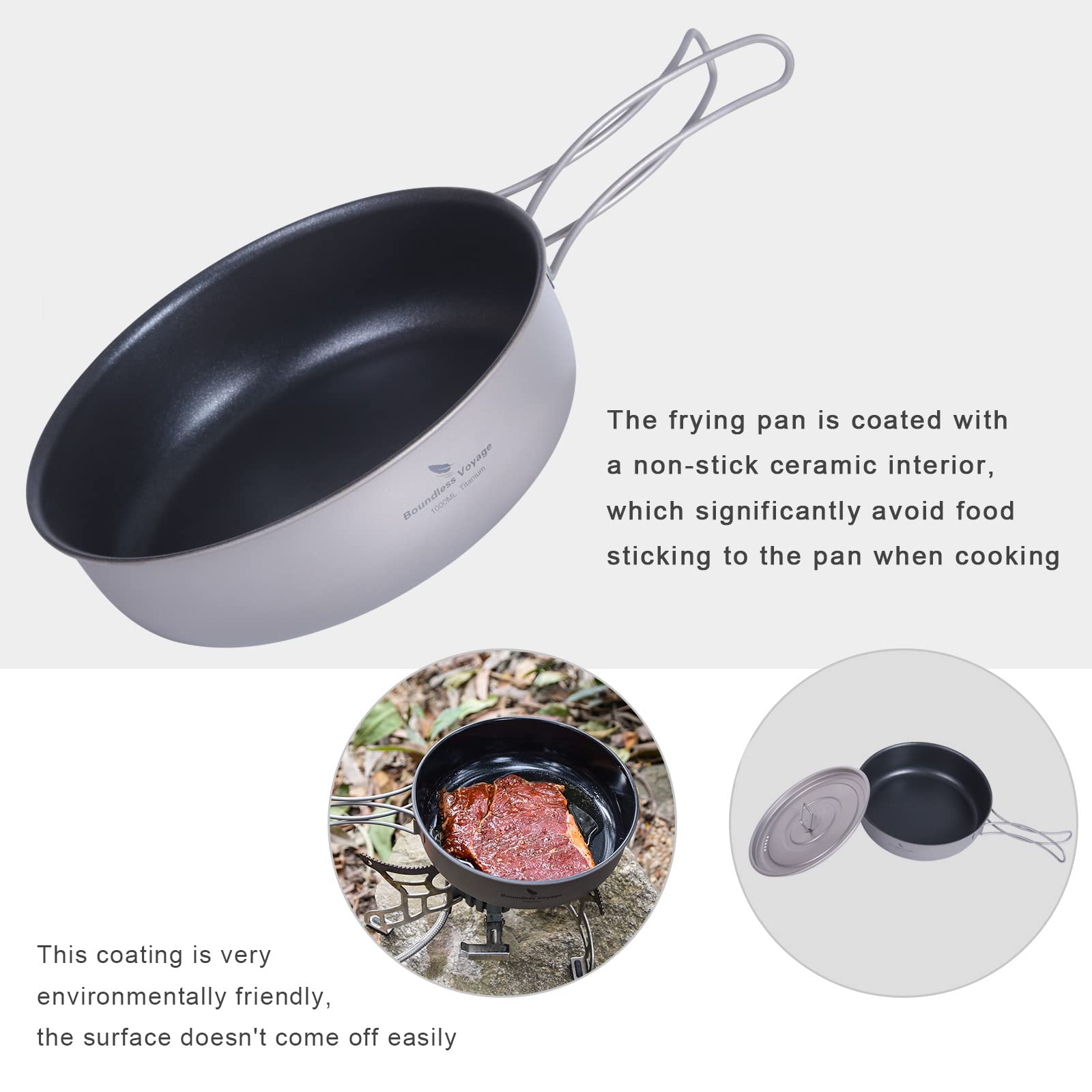 Boundless Voyage Titanium Non-Stick Frying Pan with Folding Handle Non-Stick Ceramic Coating Frypan Cooking Pot for Outdoor Camping Picnic Backpacking (L) with Lid