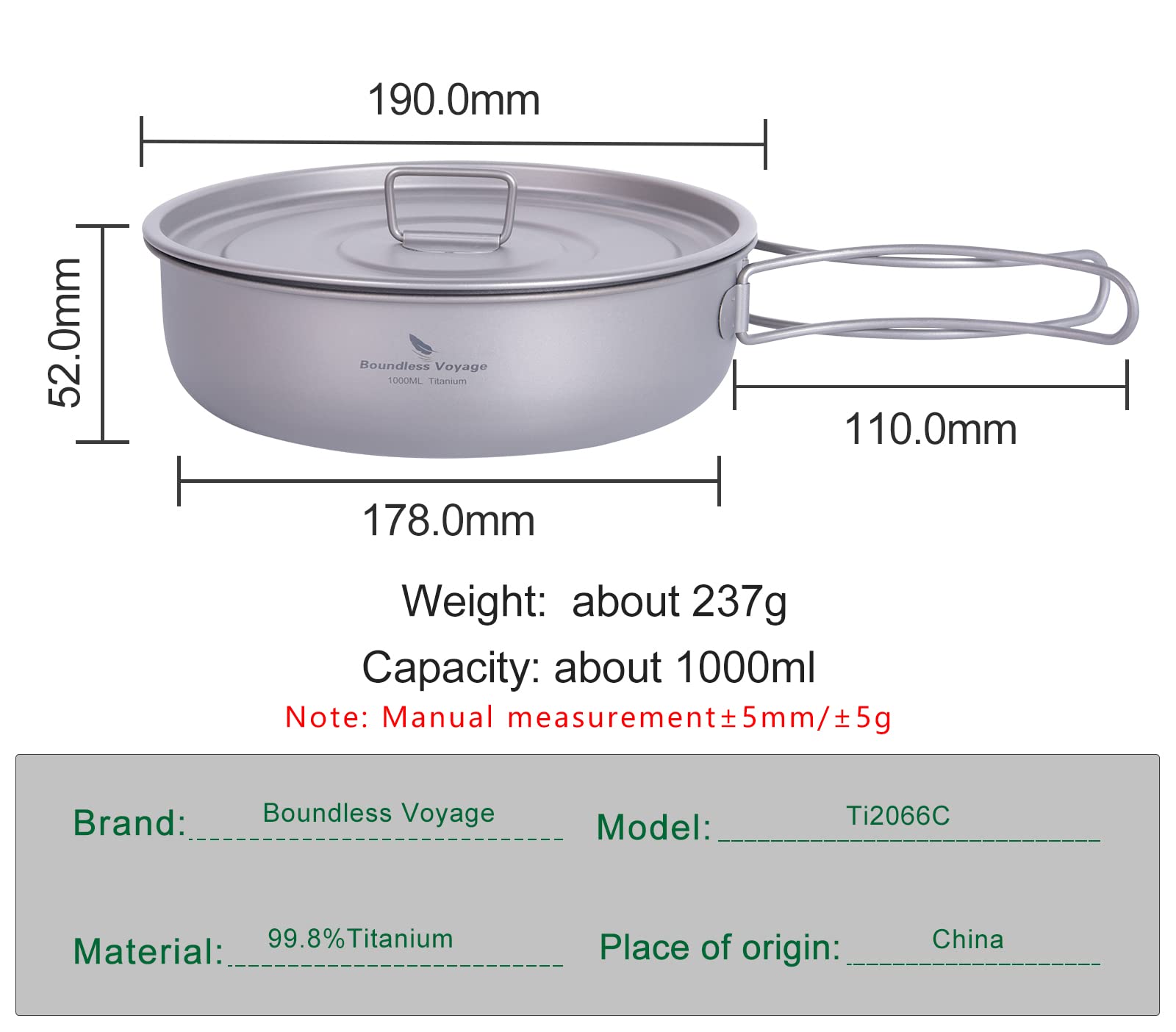 Boundless Voyage Titanium Non-Stick Frying Pan with Folding Handle Non-Stick Ceramic Coating Frypan Cooking Pot for Outdoor Camping Picnic Backpacking (L) with Lid