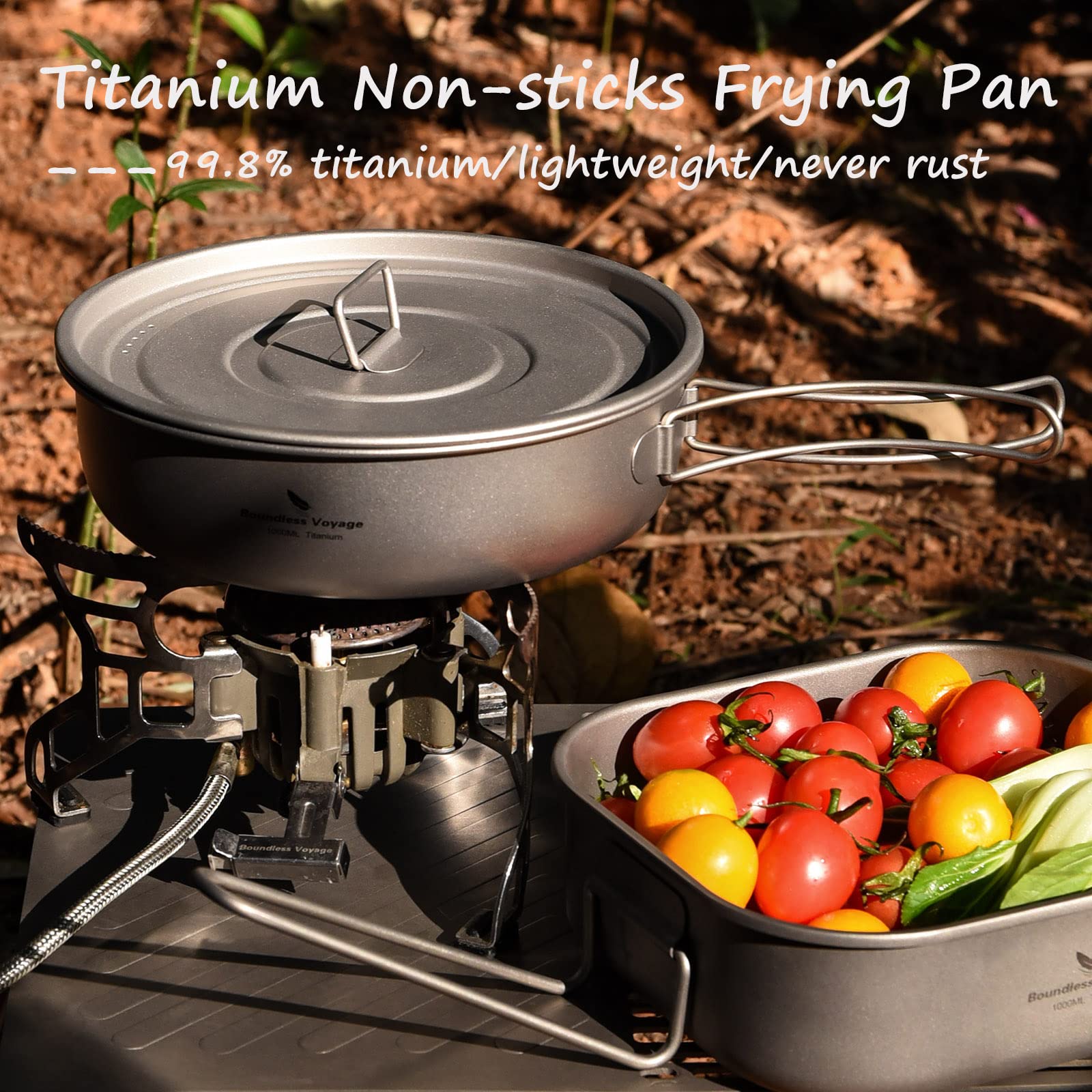 Boundless Voyage Titanium Non-Stick Frying Pan with Folding Handle Non-Stick Ceramic Coating Frypan Cooking Pot for Outdoor Camping Picnic Backpacking (L) with Lid