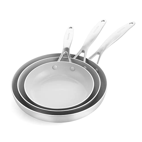 GreenPan Venice Pro Tri-Ply Stainless Steel Healthy Ceramic Nonstick, 8" 9.5" & 11" 3 Piece Frying Pan Skillet Set, PFAS-Free, Multi Clad, Induction, Dishwasher Safe, Oven & Broiler Safe