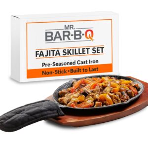 mr. bar-b-q premium cast iron fajita skillets set, pre-seasoned, non stick sizzling plate, wooden base, cloth handle, sizzler steak plate, ideal for different food cooking, indoor & outdoor use