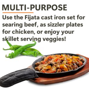 Mr. Bar-B-Q Premium Cast Iron Fajita Skillets Set, Pre-Seasoned, Non Stick Sizzling Plate, Wooden Base, Cloth Handle, Sizzler Steak Plate, Ideal for Different Food Cooking, Indoor & Outdoor Use