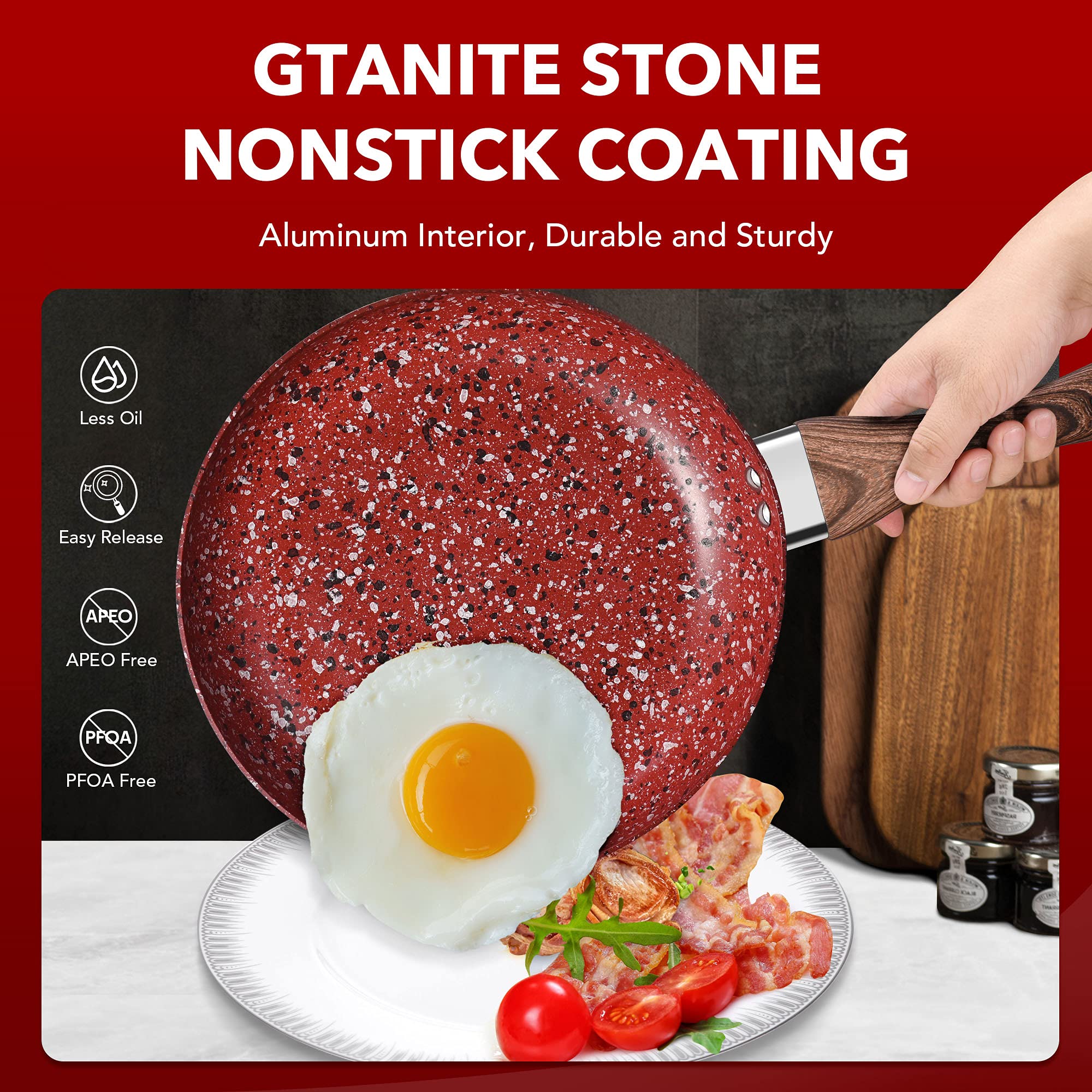 CSK 10" Red Frying Pan-Non-Stick Skillets with Whitford Granite Nonstick Coating, PTFE and APEO Free, Durable Bakelite Handle, Aluminum Alloy, Superior Omelet Pan Suitable for All Stove.