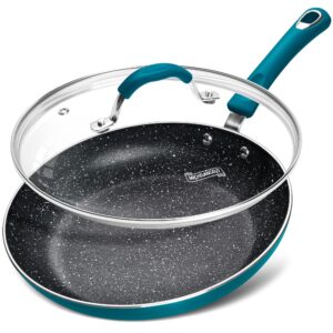 michelangelo nonstick frying pan with lid, 10 inch frying pan nonstick, enameled non stick frying pan with silicone handle, nonstick skillet with granite interior, cyan