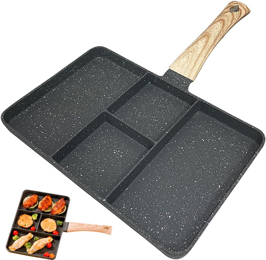 RHua Granite Coating Divided Non Stick Skillet, Less oil Smoke-free Breakfast Grill Pan, Egg Frying Non-stick Frypan, PFOA Free, Suitable for All Gas Stove Induction Cooker (Black)