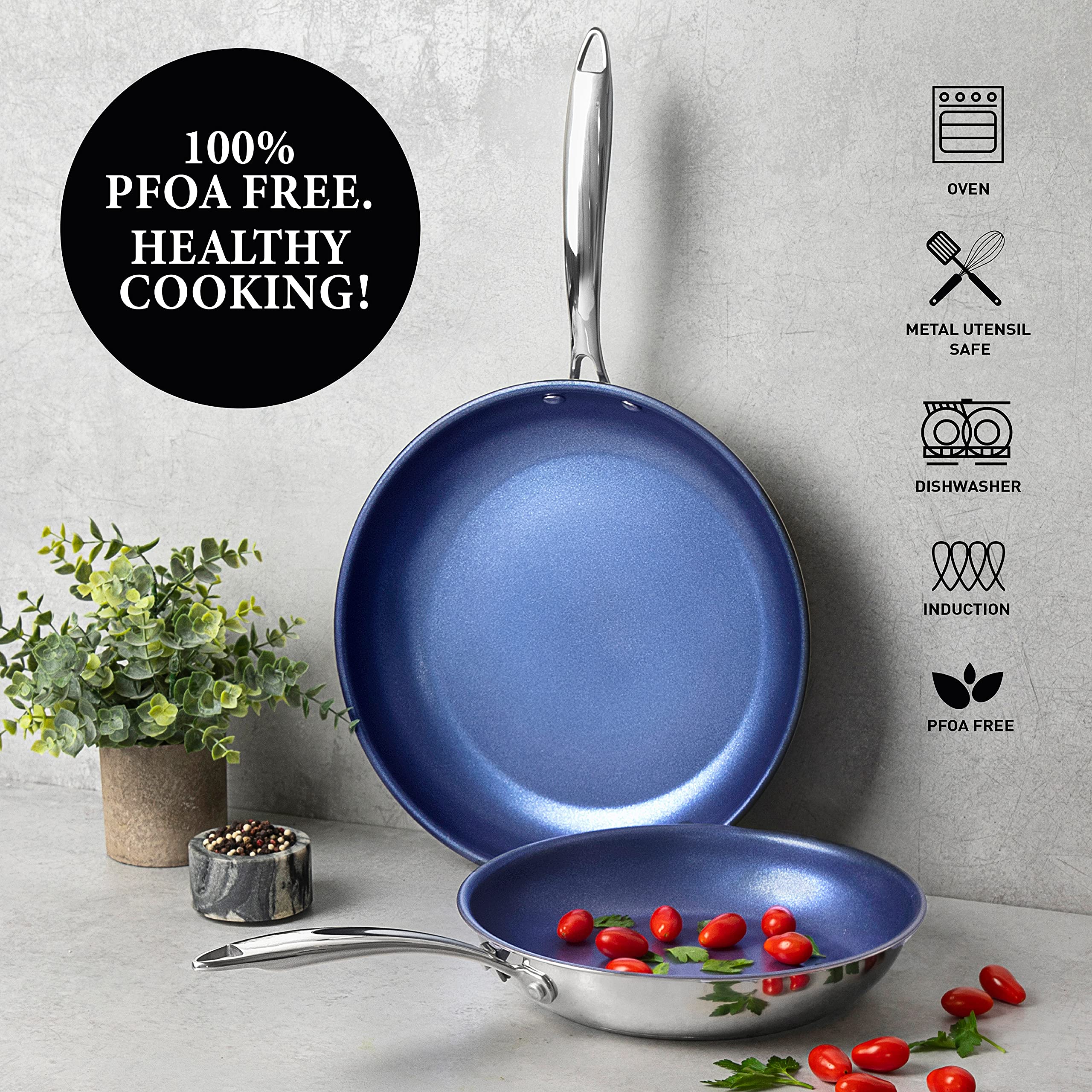 Granitestone Stainless Steel Nonstick Fry Pan Set, Tri-Ply Base, Stainless Steel 10” & 11” Skillets with Nonstick Mineral Coating, 100% PFOA Free, Cool Touch Handles, Induction, Oven & Dishwasher Safe
