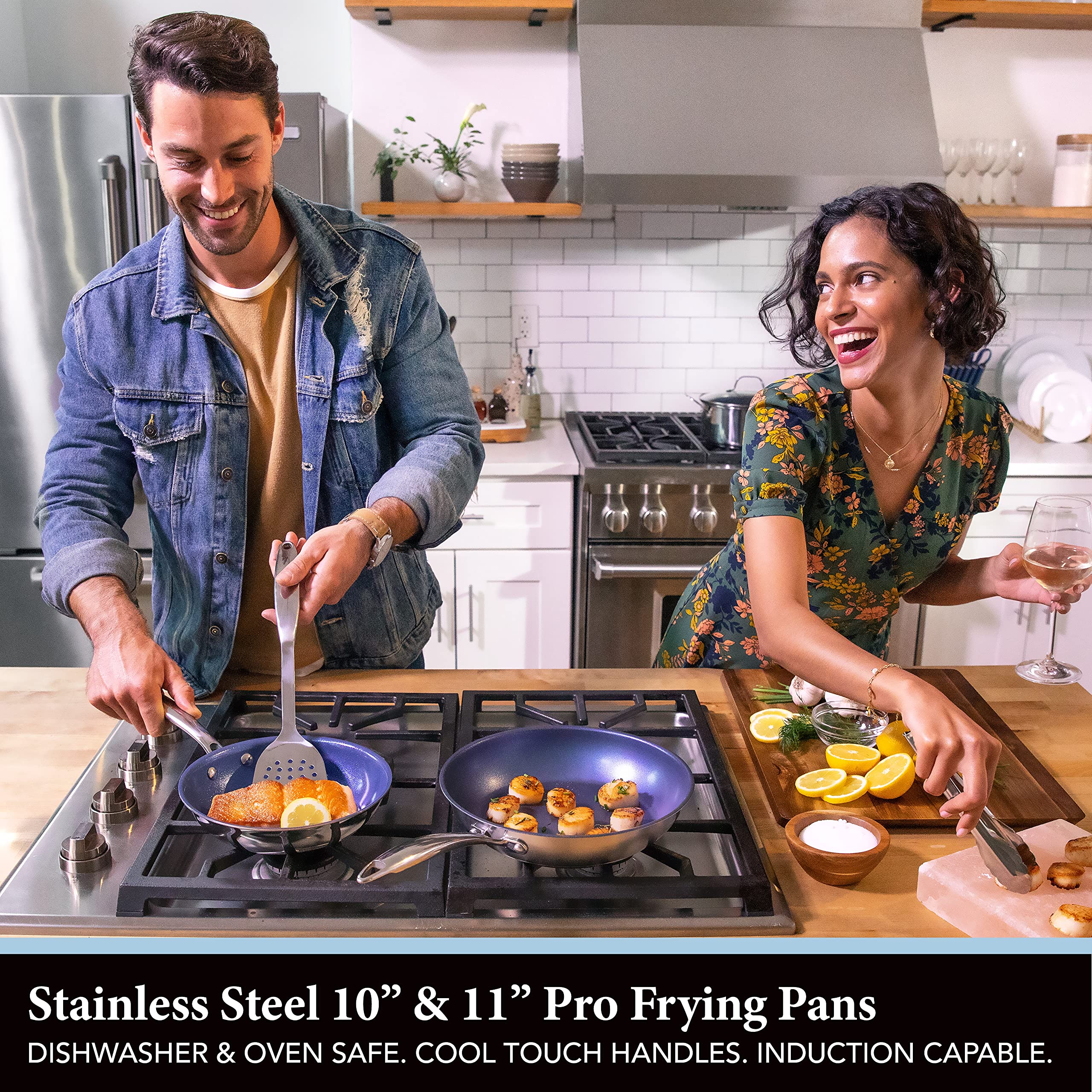 Granitestone Stainless Steel Nonstick Fry Pan Set, Tri-Ply Base, Stainless Steel 10” & 11” Skillets with Nonstick Mineral Coating, 100% PFOA Free, Cool Touch Handles, Induction, Oven & Dishwasher Safe