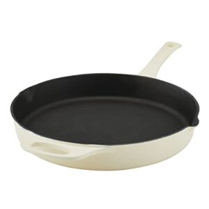 rachael ray nitro cast iron frying pan/skillet with helper handle and pour spouts, 12 inch, almond