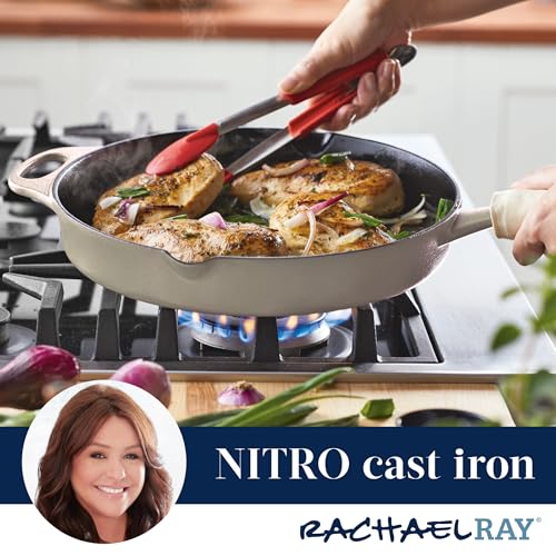 Rachael Ray NITRO Cast Iron Frying Pan/Skillet with Helper Handle and Pour Spouts, 12 Inch, Almond