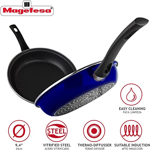 MAGEFESA Blue Frittata Pan. Double layer non-stick frying pan, vitrified steel, compatible with all types of fire, including induction, Dishwasher safe, Ergonomic handle (9,4”) (BLUE)