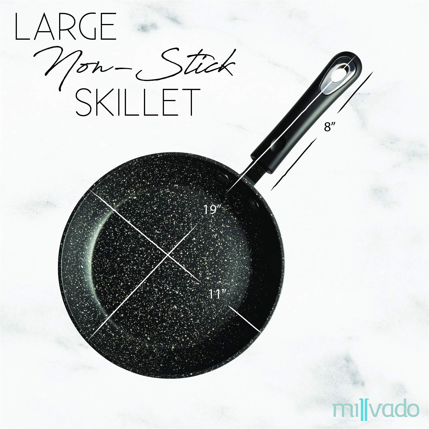 Millvado 11" Nonstick Frying Pan: Large Skillet With Heavy Duty Non Stick Coating - Black Silicone Handle - Induction Compatible Frypans