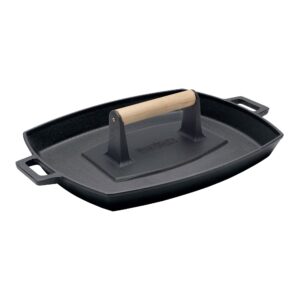 bayou classic 7455 cast iron shallow pan and press set includes 14-in x 12-in cast iron pan and cast iron bacon press w/wooden handle perfect for hamburgers grilled cheese sandwiches and bacon