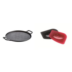 lodge bold 14 inch seasoned cast iron pizza pan, design-forward cookware & scraperpk durable pan scrapers, red and black, 2-pack