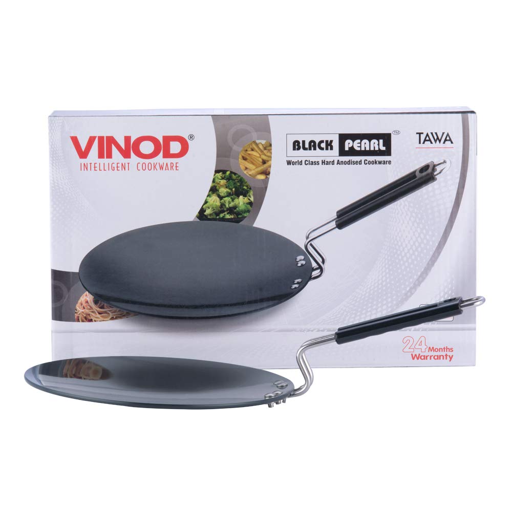 Vinod Hard Anodized Tawa - 30cm (5.25 mm Thickness) with Triple Riveted and Virgin Bakelite Handle (Induction and Gas Stove Friendly), ISI Certified - Black