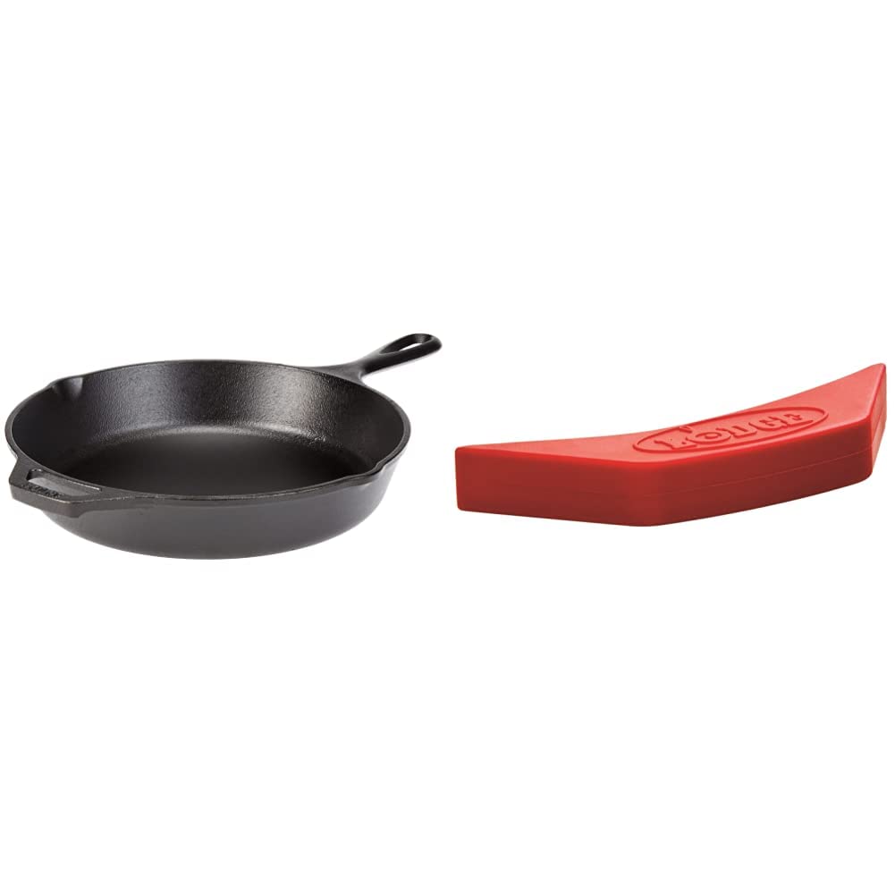 Lodge Cast Iron Skillet with Red Silicone Hot Handle Holder, 10.25-inch & ASAHH41 Silicone Assist Handle Holder, Red, 5.5" x 2"