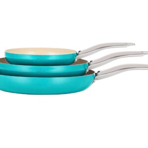 Qstar 3-pack Ceramic Aluminum Nonstick Skillet Frying Pan in Blue with Stay Cool Handle (8in+10in+12in)