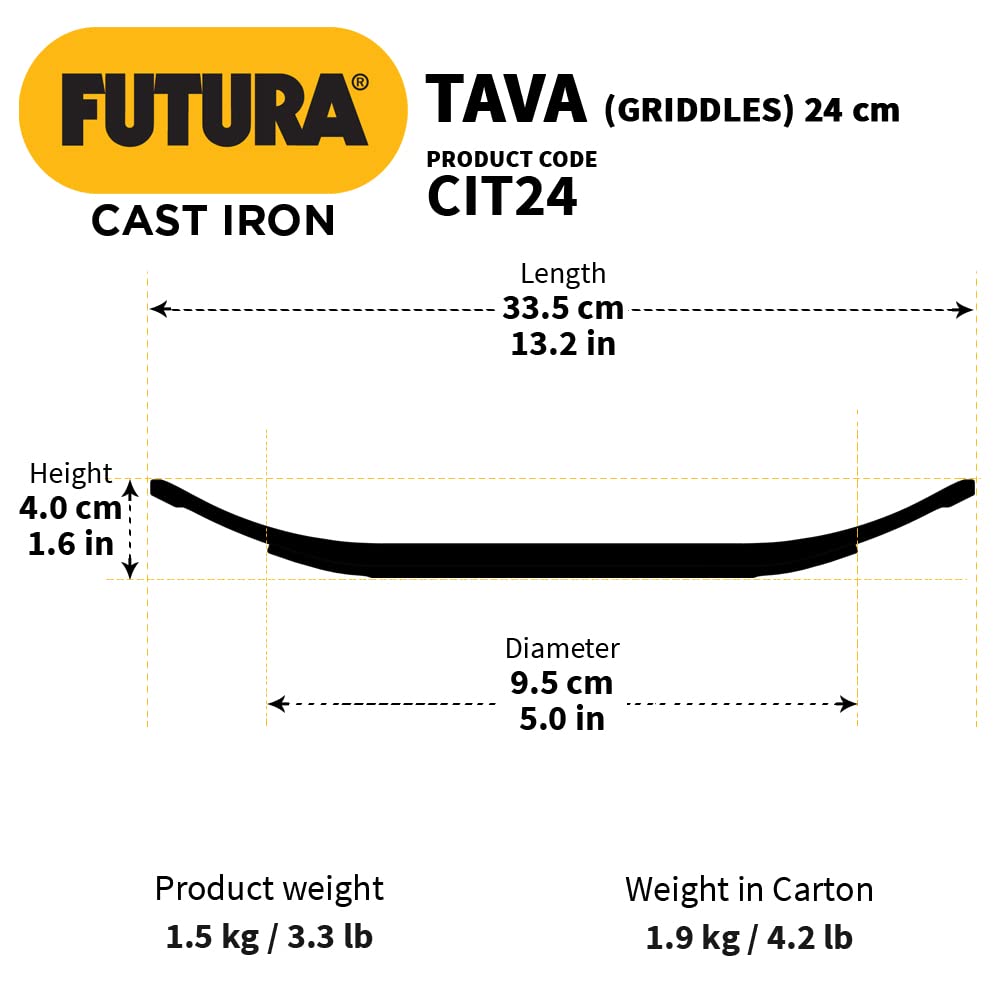 HAWKINS Futura 24 cm Cast Iron Tava, Cast Iron Tawa for Roti, Cast Iron Cookware for Kitchen, Black (CIT24)