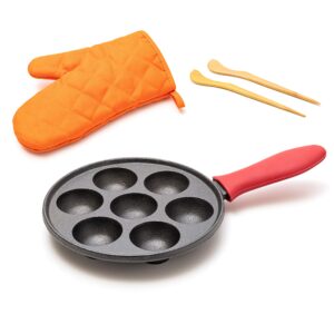 kuha cast iron aebleskiver pan for authentic danish stuffed pancakes - complete with bamboo skewers, silicone handle and oven mitt