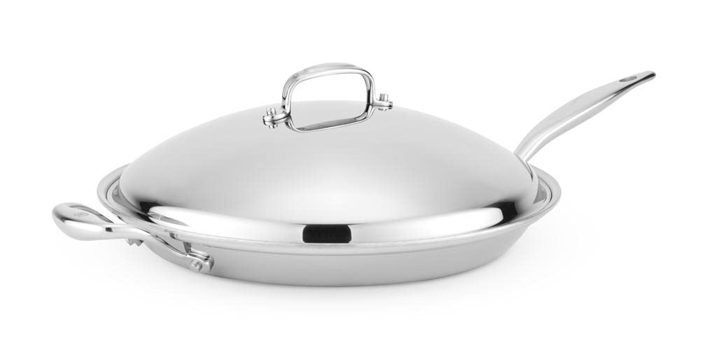 Heritage Steel 13.5" French Skillet with Lid - Made in USA - Titanium Strengthened 316Ti Stainless Steel with 5-Ply Construction - Induction-Ready and Fully Clad