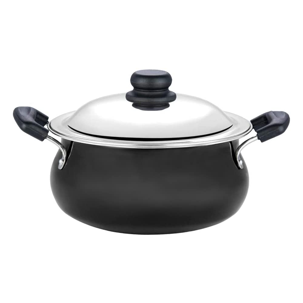 Vinod Black Pearl Hard Anodised Handi – Stainless Steel Lid – Junior Size – 3 Liters (3.2 Quarts) – Suitable For Biryani, Pulao, Gravy, Curry – Aluminium Pot – Riveted Handles - Metal Spoon Friendly