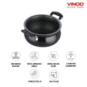 Vinod Black Pearl Hard Anodised Handi – Stainless Steel Lid – Junior Size – 3 Liters (3.2 Quarts) – Suitable For Biryani, Pulao, Gravy, Curry – Aluminium Pot – Riveted Handles - Metal Spoon Friendly