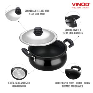 Vinod Black Pearl Hard Anodised Handi – Stainless Steel Lid – Junior Size – 3 Liters (3.2 Quarts) – Suitable For Biryani, Pulao, Gravy, Curry – Aluminium Pot – Riveted Handles - Metal Spoon Friendly