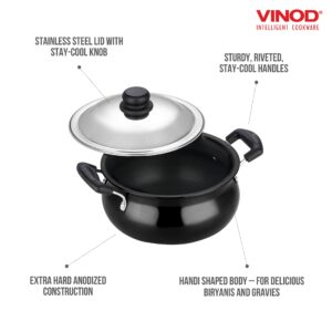 Vinod Black Pearl Hard Anodised Handi – Stainless Steel Lid – Junior Size – 3 Liters (3.2 Quarts) – Suitable For Biryani, Pulao, Gravy, Curry – Aluminium Pot – Riveted Handles - Metal Spoon Friendly