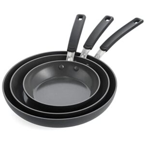 greenpan levels stackable hard anodized healthy ceramic nonstick, 8" 10" and 12" frying pan skillet set, pfas-free, dishwasher safe, black