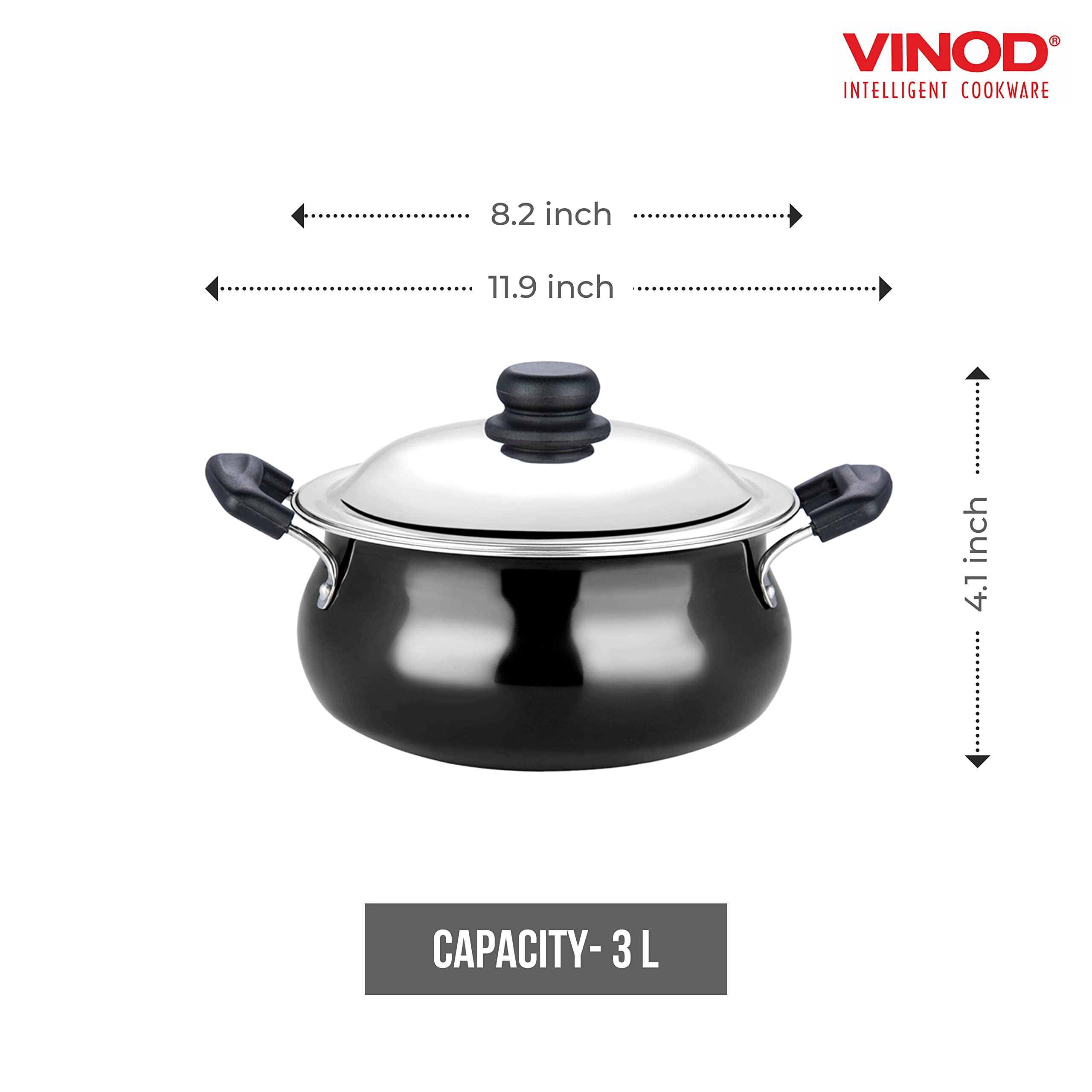 Vinod Black Pearl Hard Anodised Handi – Stainless Steel Lid – Junior Size – 3 Liters (3.2 Quarts) – Suitable For Biryani, Pulao, Gravy, Curry – Aluminium Pot – Riveted Handles - Metal Spoon Friendly