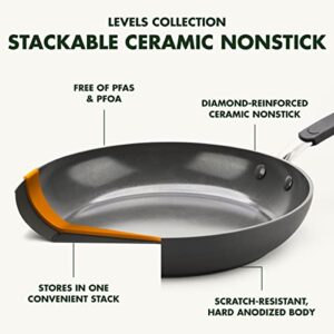GreenPan Levels Stackable Hard Anodized Healthy Ceramic Nonstick, 8" 10" and 12" Frying Pan Skillet Set, PFAS-Free, Dishwasher Safe, Black