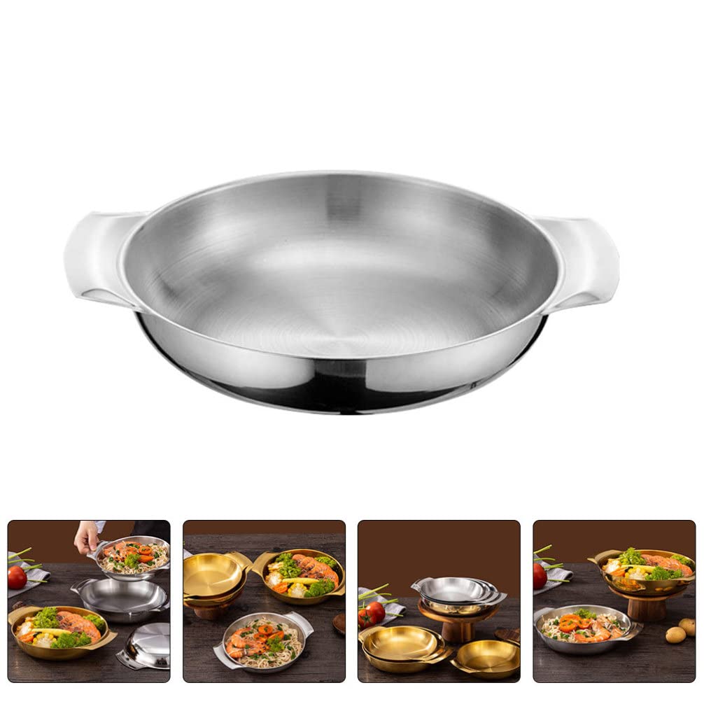 Luxshiny Mixing Bowls Large Mixing Bowl Paella Pan 16cm Flat Bottom Fry Pan Stainless Steel Skillet Metal Food Serving Tray with Handles for Home Restaurant Camping Stainless Steel Cookware Bowls