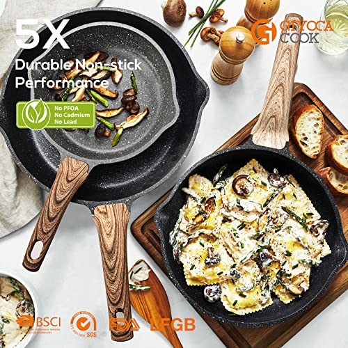 Giyoca Cook Nonstick Granite Frying Pan Skillet,Die-cast Aluminum Scratch Resistant, Induction Compatible Bottom, Egg Pan Omelet Pans, Chef's Pan, PFOA Free (9.5 inches, Marble Black)