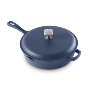 zakarian by dash 4.5qt nonstick cast iron deep skillet with cast iron lid for family-sized meals, frying, roasting, baking, one-pot meals and more - blue