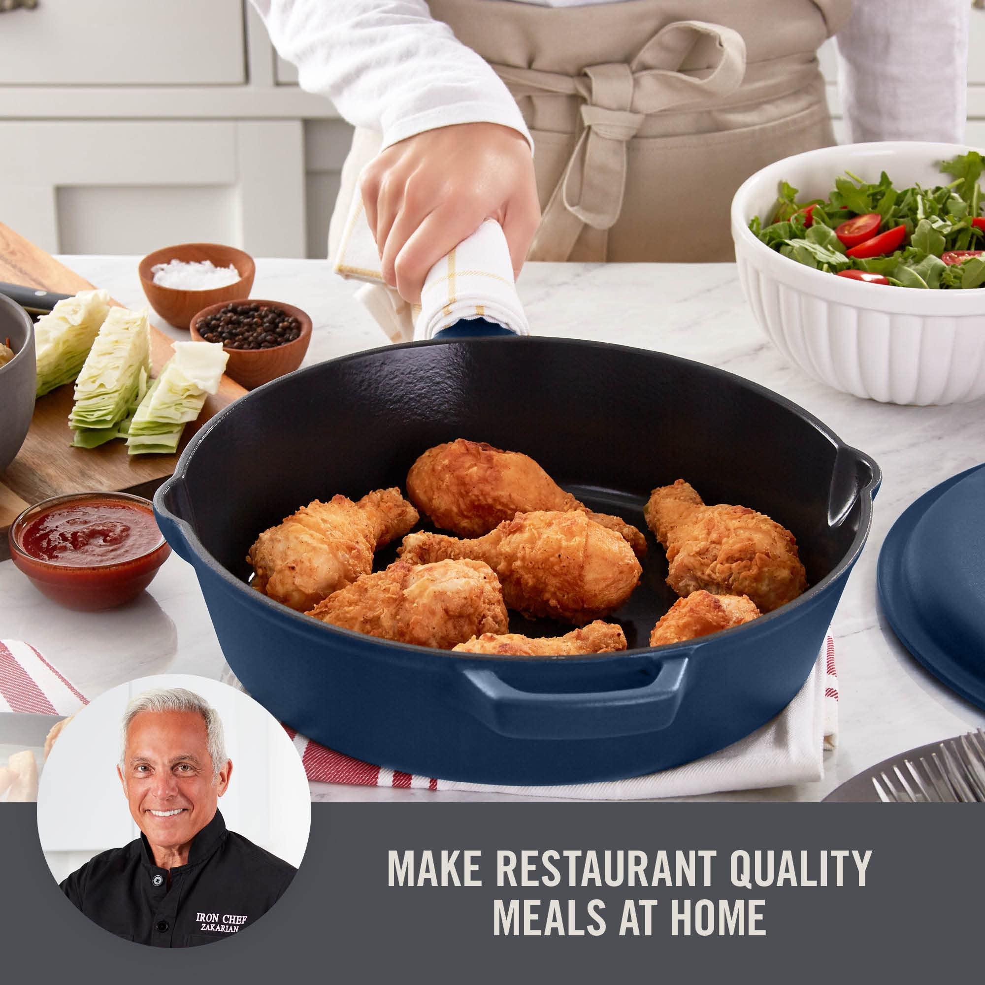 Zakarian By Dash 4.5QT Nonstick Cast Iron Deep Skillet with Cast Iron Lid for Family-Sized Meals, Frying, Roasting, Baking, One-Pot Meals and More - Blue
