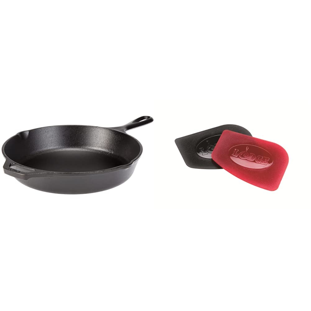 Lodge L8SK3 Pre-Seasoned Cast-Iron Skillet, 10.25-inch and Lodge SCRAPERPK Durable Polycarbonate Pan Scrapers, Red and Black, 2-Pack Bundle