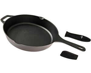 preseasoned cast iron skillet 10 inch with removable silicone handle grip and pan scraper, cast iron fry pan for indoor and outdoor use, ovenproof, stovetop, induction safe seasoned skillet