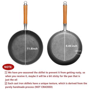 Cast Iron Skillets Lightweight Frying Pans with Detachable Wooden Handle, Nonstick Pan for Cooking, Stovetop, Induction, 11.8 Inch